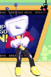 a cartoon character in front of a breaking news sign