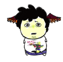 a cartoon drawing of a boy with wings and a t-shirt that says `` i 'm sorry '' .