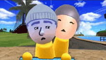 a video game character with a sad face is holding another character 's head