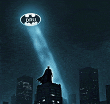 a bat with dru on it flies over a city