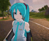 hatsune miku is standing on the side of the road in a video game