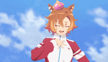 a girl with a crown on her head is wearing a red white and blue jacket with the letter t on it