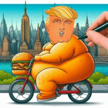 a cartoon of donald trump riding a bike with a hamburger on the back ..