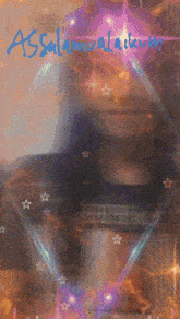 a blurred image of a woman with the words assalamualaikum written in blue