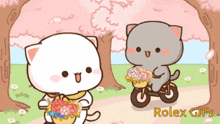 a cartoon of a cat holding a basket of flowers next to another cat on a bike