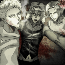 a black and white drawing of three anime characters one of whom has red eyes