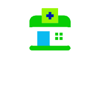 an icon of a hospital with a green roof and a blue cross on top