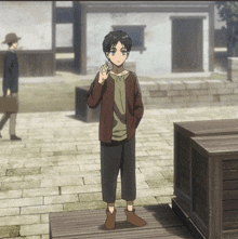 a young boy in a brown jacket and black pants stands on a sidewalk