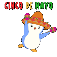 a penguin is wearing a sombrero and holding a maraca and says cinco de mayo