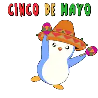 a penguin is wearing a sombrero and holding a maraca and says cinco de mayo