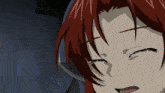 a close up of a red haired anime girl with her eyes closed