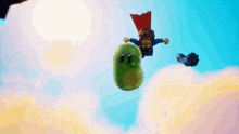 a cartoon character is flying through the air with a green object in the background