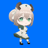 a cartoon nurse with horns and a green cross on her hat