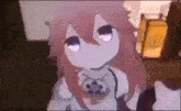 a cartoon girl with pink hair and white eyes is standing in a dark room .