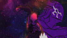 a drawing of a person with a purple background and a light coming out of their head