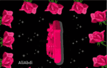 a black background with pink roses and the word allah