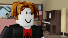 a cartoon character is smiling in a living room with a piano
