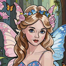 a fairy with flowers in her hair and butterflies in the background