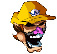 a cartoon character with a yellow hat and a purple nose