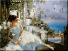 a painting of a woman in a blue dress sitting on a balcony