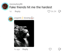 a picture of a lion with a reply from moneyboy $