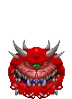a pixel art illustration of a red monster with horns and a green eye