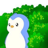 a blue and white penguin with an orange beak is standing in front of a green bush