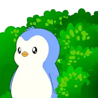 a blue and white penguin with an orange beak is standing in front of a green bush