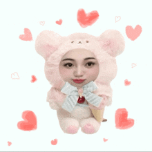 a girl in a teddy bear costume is holding an ice cream cone surrounded by hearts