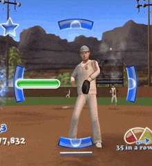 a video game screen shows a man playing baseball and the number 77,832