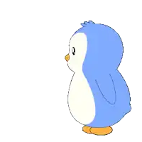 a blue and white penguin is holding an orange coin with an ethereum symbol on it