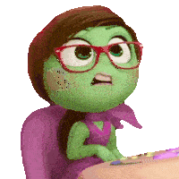 a green cartoon character with red glasses is sitting in a purple chair