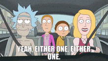 a group of cartoon characters are sitting in a car with the words yeah either one either one written below them