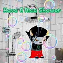 a cartoon character is taking a shower with the words have a nice shower above her