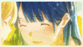 a girl with blue hair is smiling with a yellow background