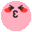 a close up of a pink smiley face with red eyes and a black nose .