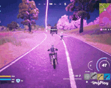 a person riding a motorcycle on a road in a video game with a purple background