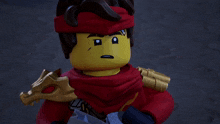 a lego character with a surprised look on his face holds a sword