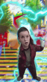 a little girl is standing in front of a staircase with a lightning bolt behind her