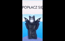 a cartoon character with a helmet and wings is standing in front of a sign that says poplacz sie
