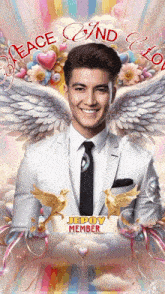 a picture of a man with angel wings and the words peace and love above him