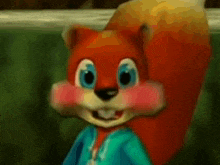 a close up of a cartoon squirrel with blue eyes and a blue shirt on .