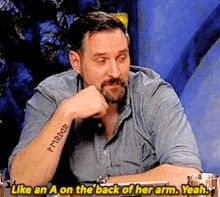 a man with a tattoo on his arm that says pyrrdor