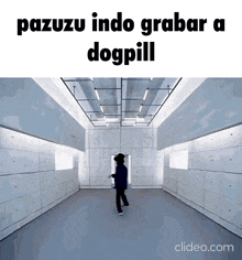 a picture of a man walking in a room with the words pazuzu indo grabar a dogpill