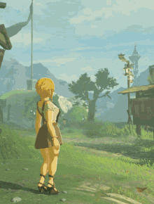 a video game shows a girl running in the grass