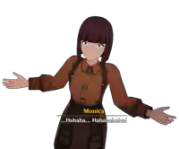 a video game character named monica is laughing