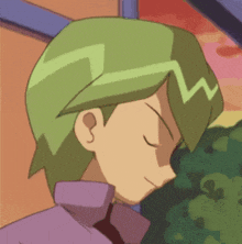 a cartoon character with green hair has a purple shirt on