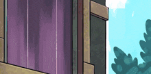 a cartoon drawing of a window with a purple curtain on it