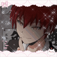 a picture of a red haired anime character with hearts and a white cat