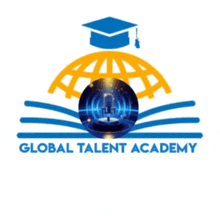 a logo for the global talent academy with a microphone in the middle
